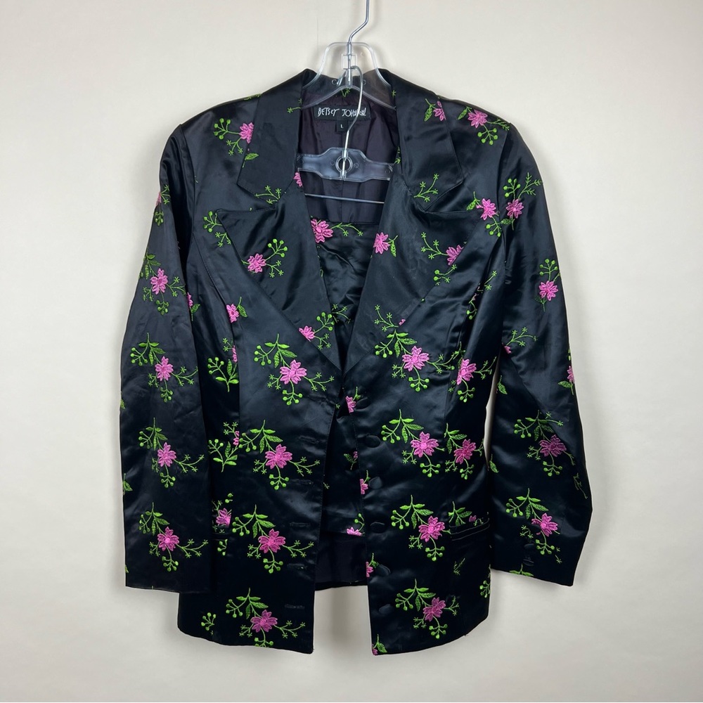 Vintage 90s Betsey Johnson 2PC Satin Embroidered Floral Blazer and Skirt Set